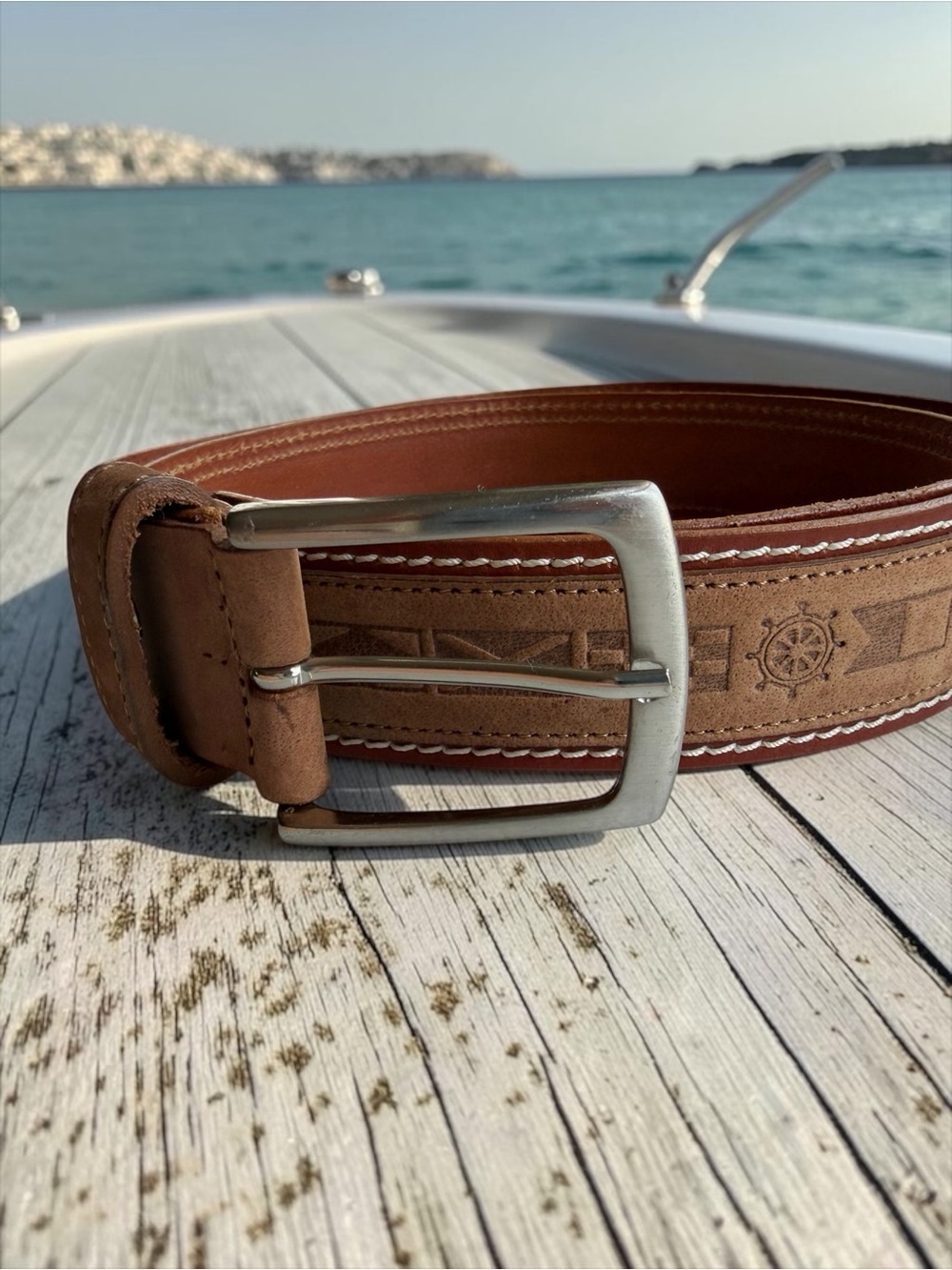 Men's Brown Embossed Leather Belt with Metal Buckle